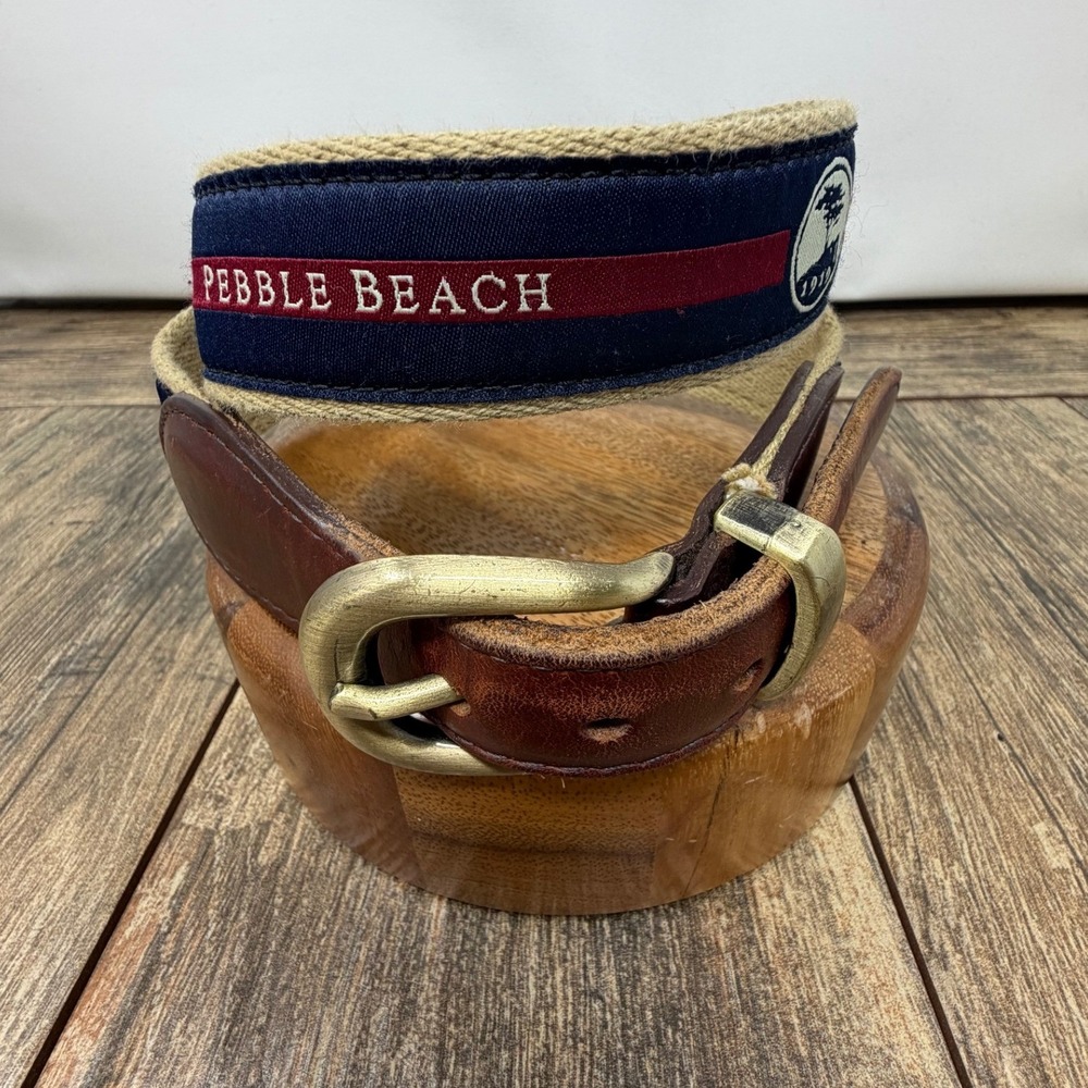 Pebble Beach Golf Belt YRI Navy Khaki Canvas Leather Brass Buckle Lone Cypress